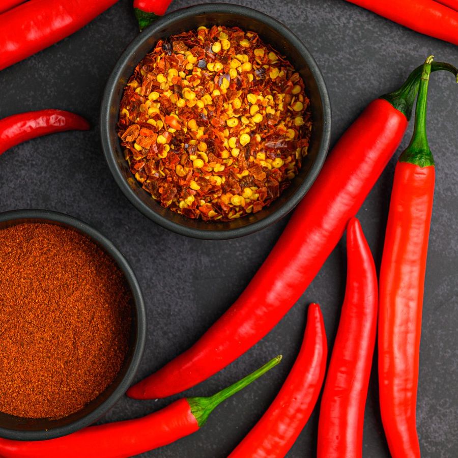 Dried gochugaru chili flakes and powder